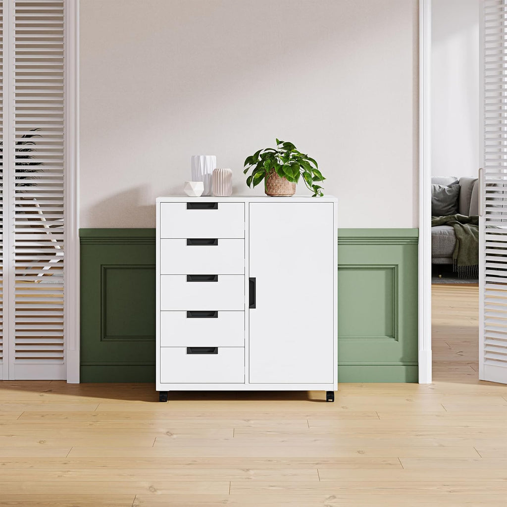 Letaya 5 Drawer Storage Cabinet, Mobile Printer Stand for Home Office,Dresser Chest with Shelves and Door(White)
