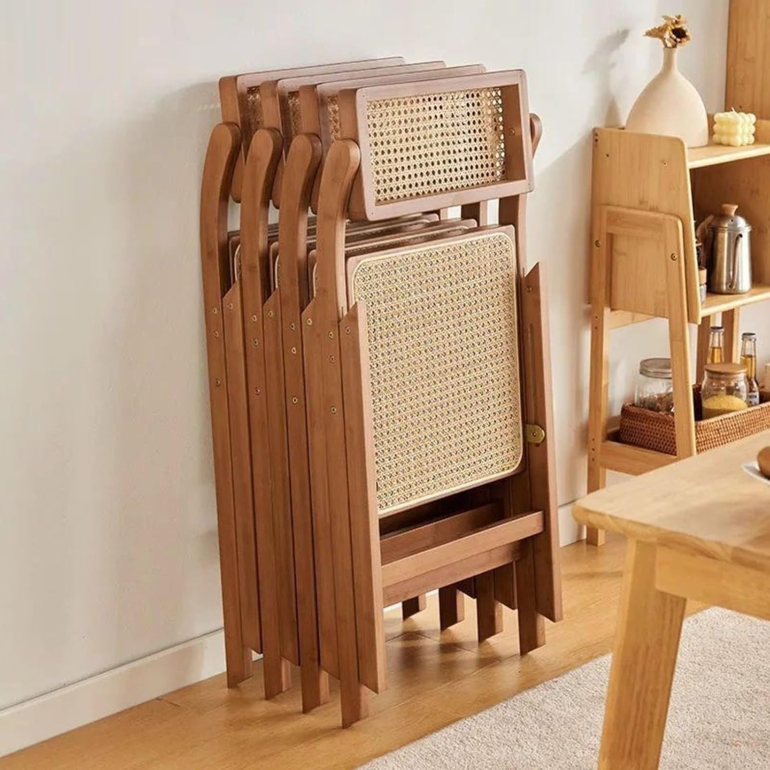 Mid Century Vintage Rattan Folding Chair with Adjustable Back Stackable Wood Chair for Bedroom Living Room Dining Comfy Rattan Seat Leisure Chair for Reading Room(Wood)