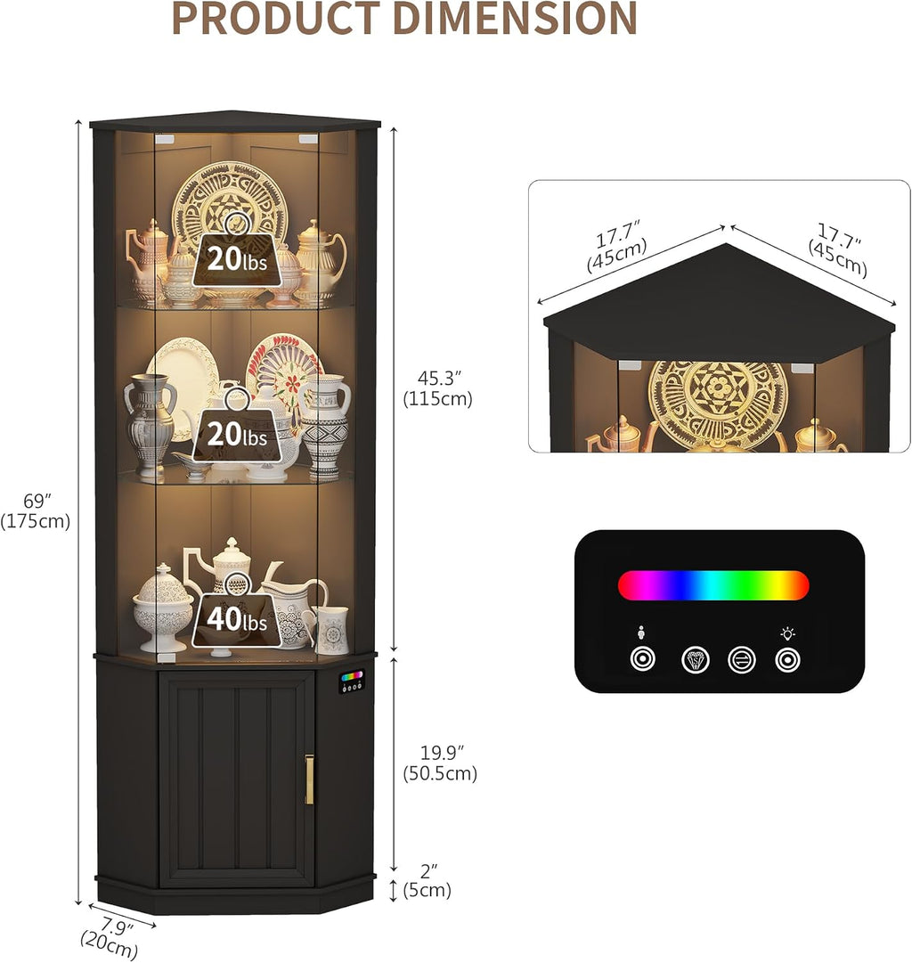 69" Corner Glass Display Cabinet with Human Body Sensor,3-Tier Movable Glass Shelves,Curio Display with RGB Lights,Bookcase with Storage Cabinet for Toys,Books,Collectibles,Liquor,Black