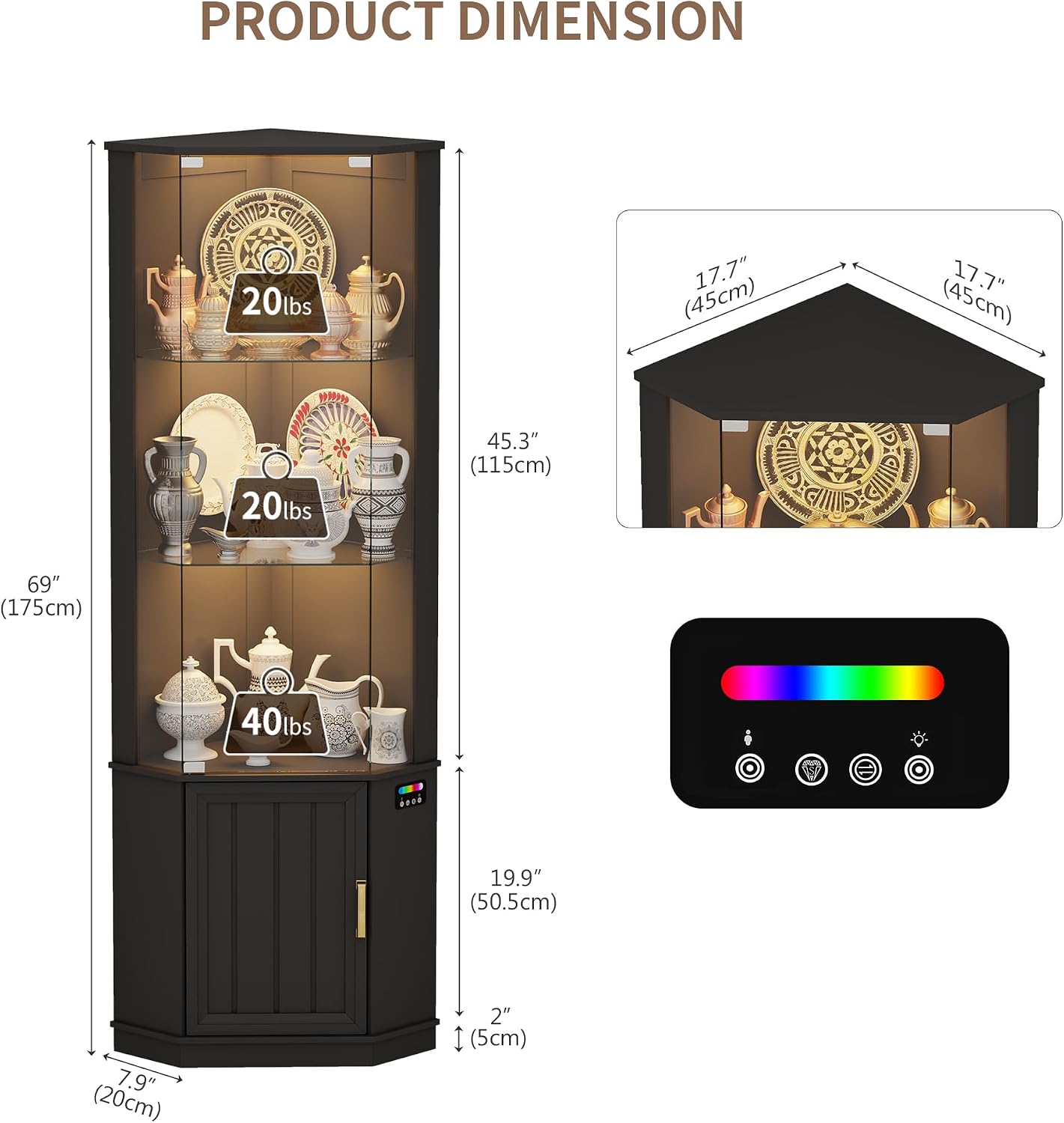 69" Corner Glass Display Cabinet with Human Body Sensor,3-Tier Movable Glass Shelves,Curio Display with RGB Lights,Bookcase with Storage Cabinet for Toys,Books,Collectibles,Liquor,Black