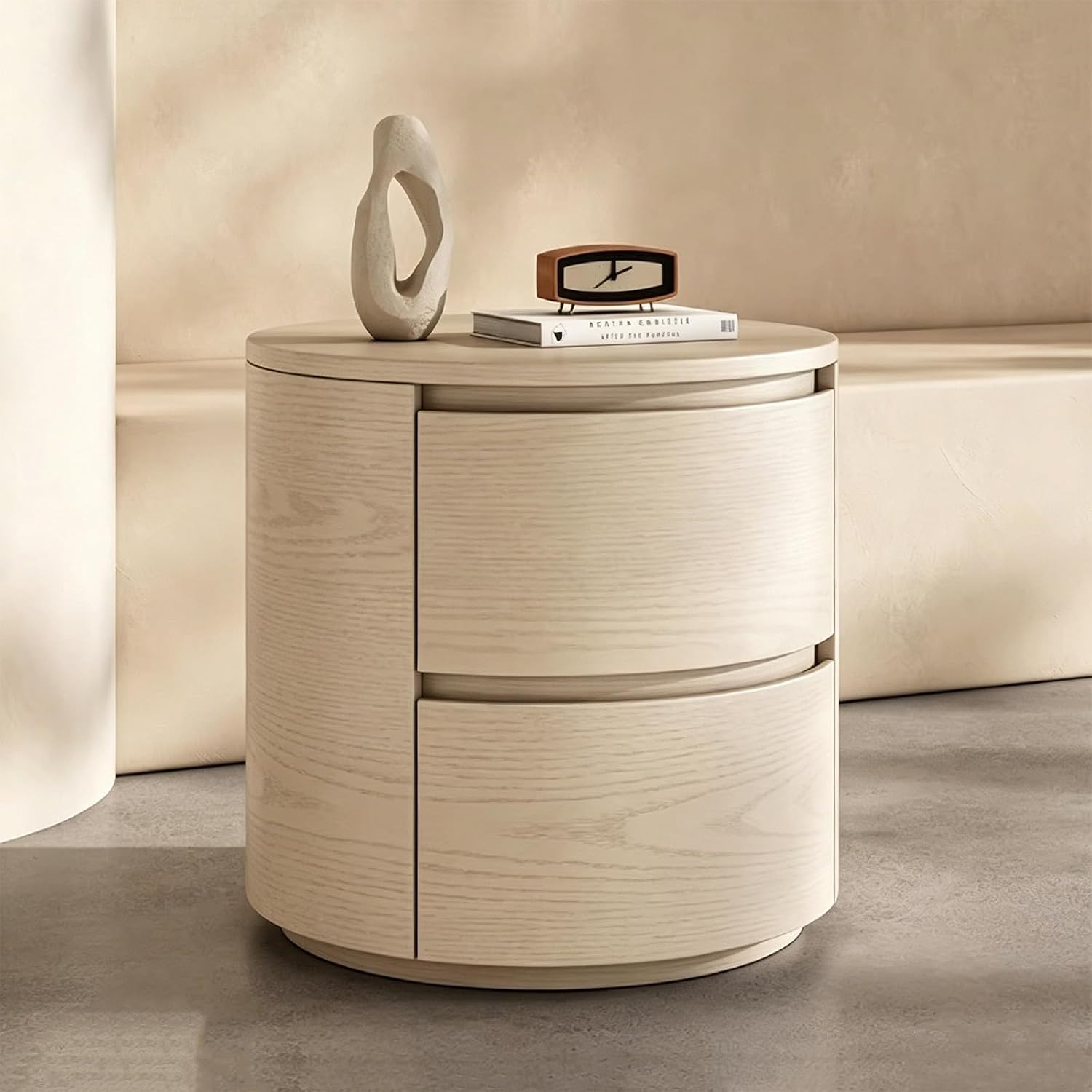 Round End Tables Living Room, End Table with 2 Drawers, Sofa Side Table with Storage, Nightstand for Bedroom, Living Room(White,45cm)