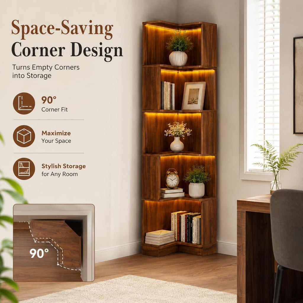 ODC 5-Tier Corner Bookshelf with LED Lights, Freestanding L-Shaped Corner Bookcase with Baffles, Wood Tall Corner Display Shelf Stand for Living Room, Study Room, Home Office - Walnut
