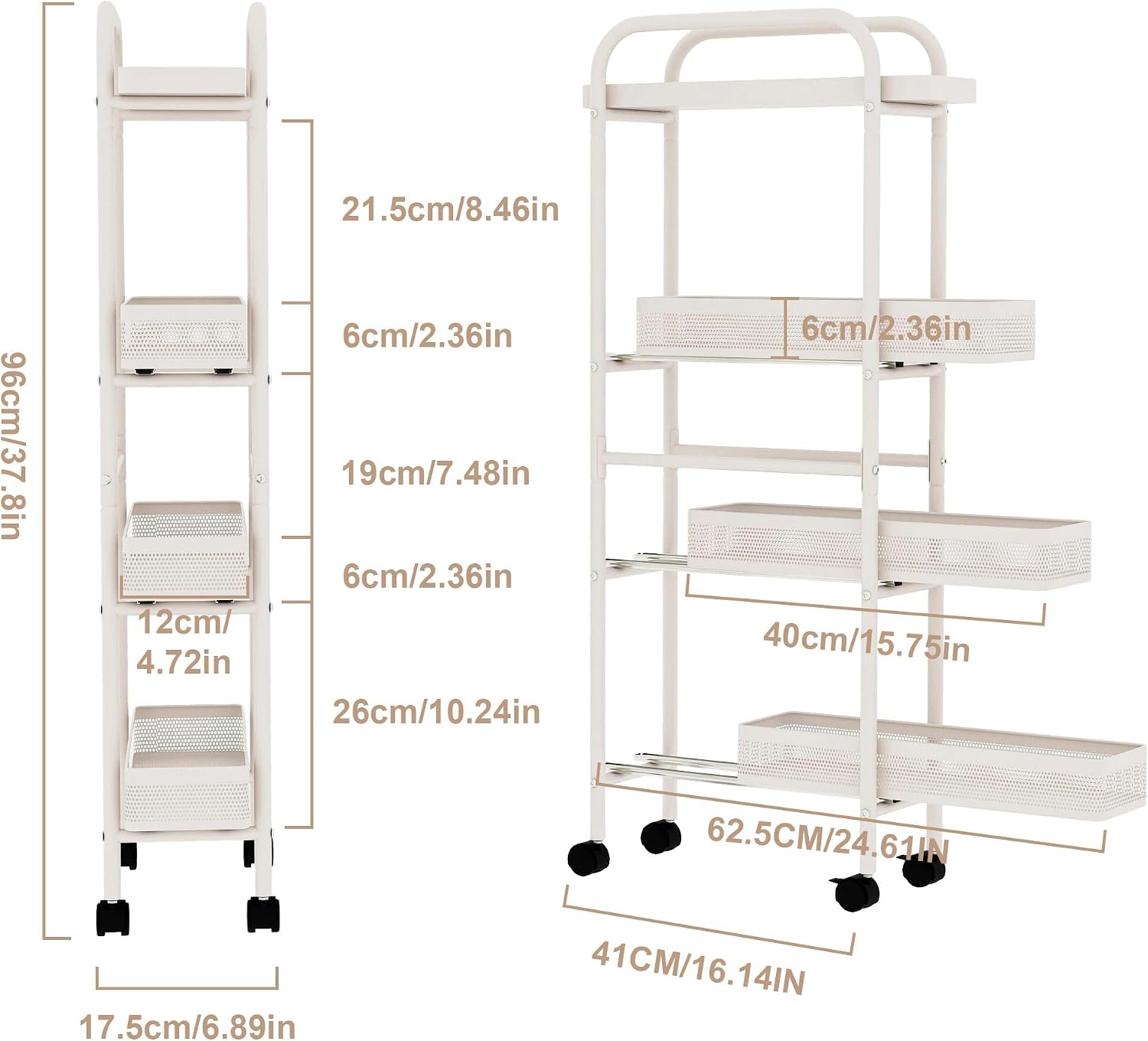 UMDONX 4-Tier Narrow Mobile Storage Cart with Pull-Out Baskets | The Multifunctional Pull-out Storage Rack Is Suitable for Bathrooms, Kitchens, and Laundry Rooms