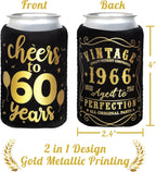 12Pack 60th Vintage Birthday Can Sleeves, Cheers to 60 Years Vintage 1966 60th Party Favor Decorations, Black and Gold Neoprene Soda Can Beverage Cooler Holder Sleeves for Sixty Year Old