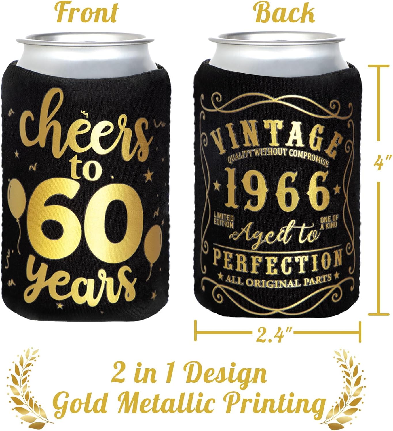 12Pack 60th Vintage Birthday Can Sleeves, Cheers to 60 Years Vintage 1966 60th Party Favor Decorations, Black and Gold Neoprene Soda Can Beverage Cooler Holder Sleeves for Sixty Year Old