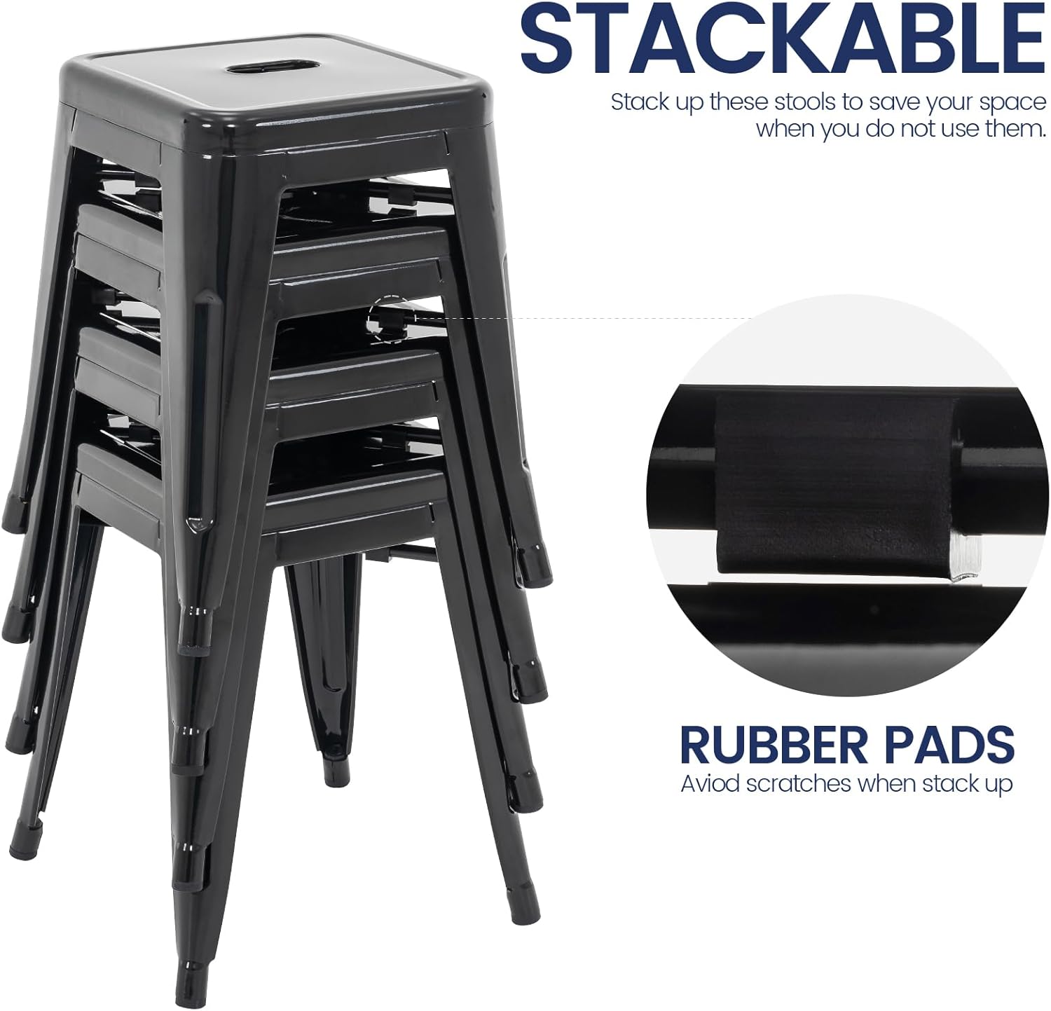 Brage Living 18 Inch Industrial Metal Stools Set of 4, Stackable Classroom Stools, Backless Metal Dining Chairs for Indoor Outdoor, Kitchen Short (Black)