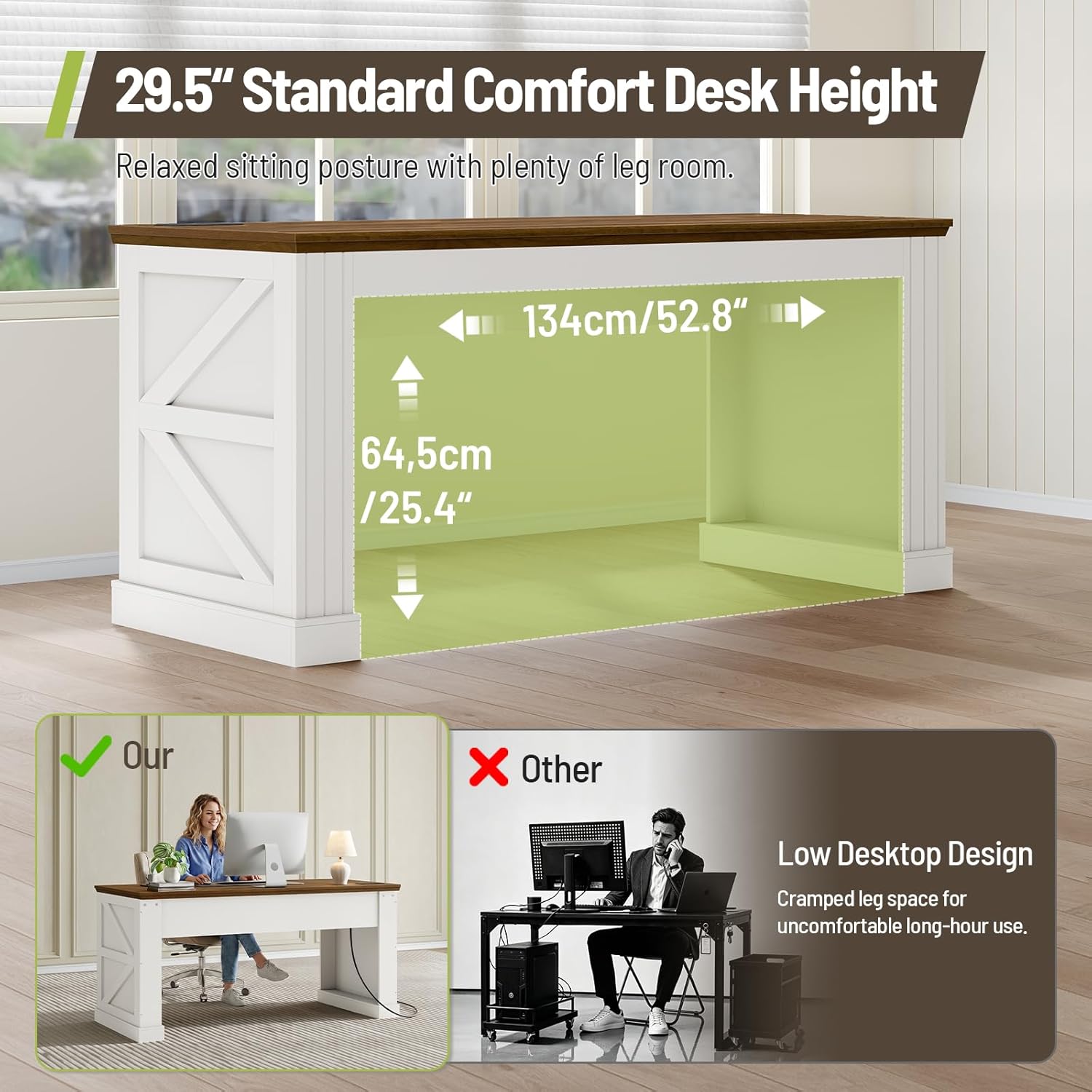 63-Inch Farmhouse Executive Desk, Long Computer Desk with Built-in Charging Station & Bottom Storage, Home Office Writing Study Desk for Bedroom, Living Room, White and Walnut