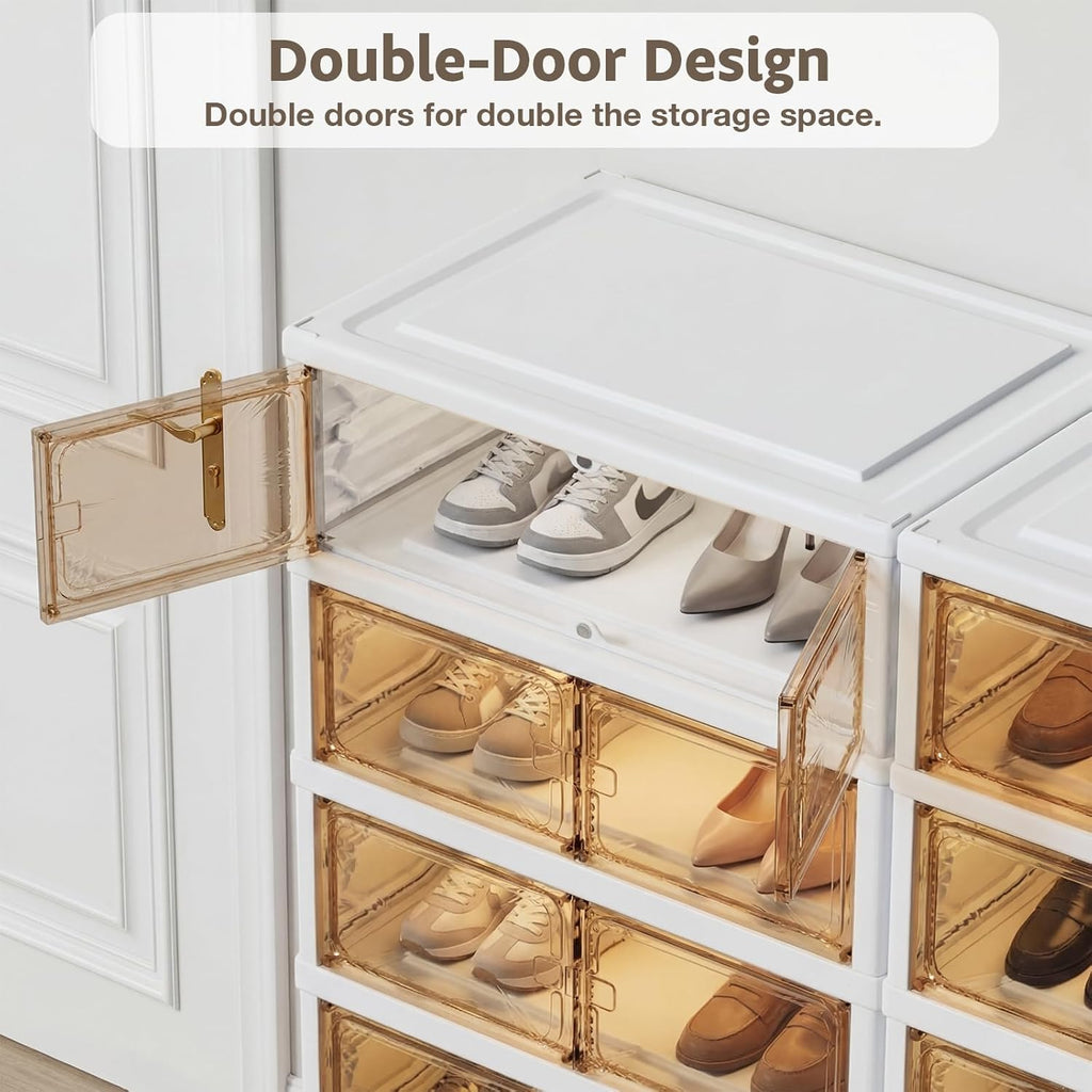 10-Tier Foldable Shoe Rack Organizer, 40 Pairs Stackable & Collapsible Shoe Cabinet with Transparent Doors & Leather Handles, Space-Saving Storage for Closet, Kitchen, Cabinet (No Boots Tier)