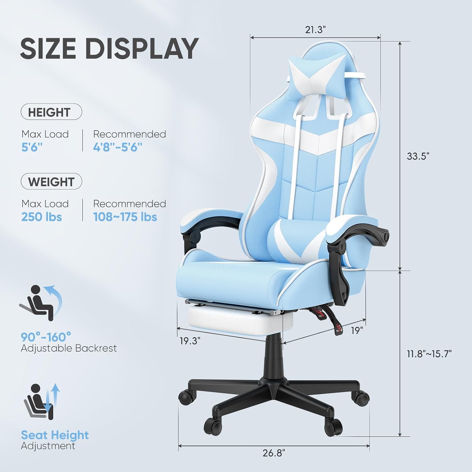 Huracan Gaming Computer Chair with Footrest, Adjustable Video Game Chairs for Adults, Heavy Duty Office Chair with Headrest and Lumbar Support, Baby Blue