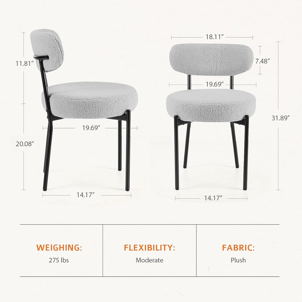 Sweetcrispy Dining Chairs Set of 2, Boucle Upholstered Modern Mid Century Round Kitchen Chairs with Curved Backrest & Metal Legs for Vanity, Living Room - Classic Grey