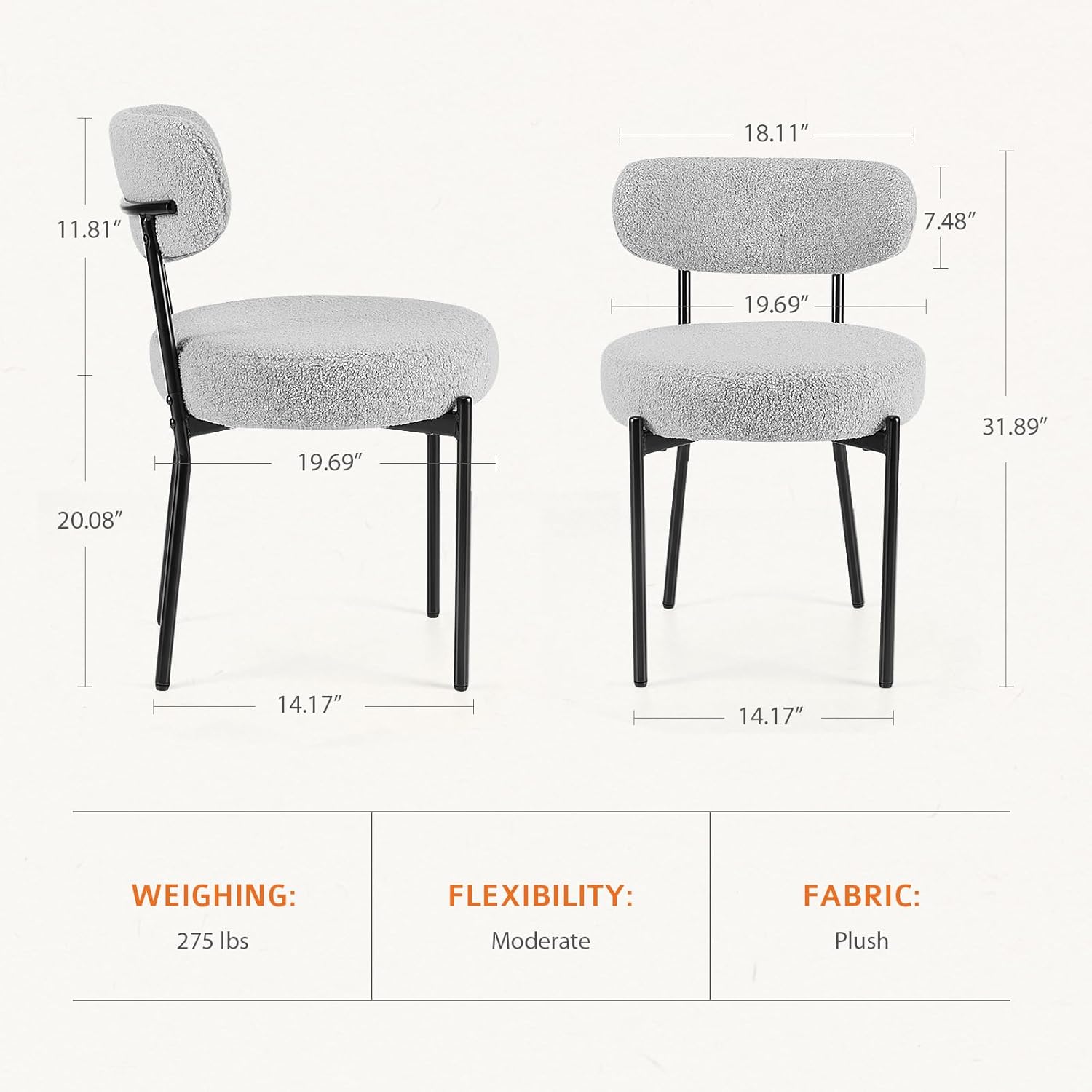 Sweetcrispy Dining Chairs Set of 2, Boucle Upholstered Modern Mid Century Round Kitchen Chairs with Curved Backrest & Metal Legs for Vanity, Living Room - Classic Grey