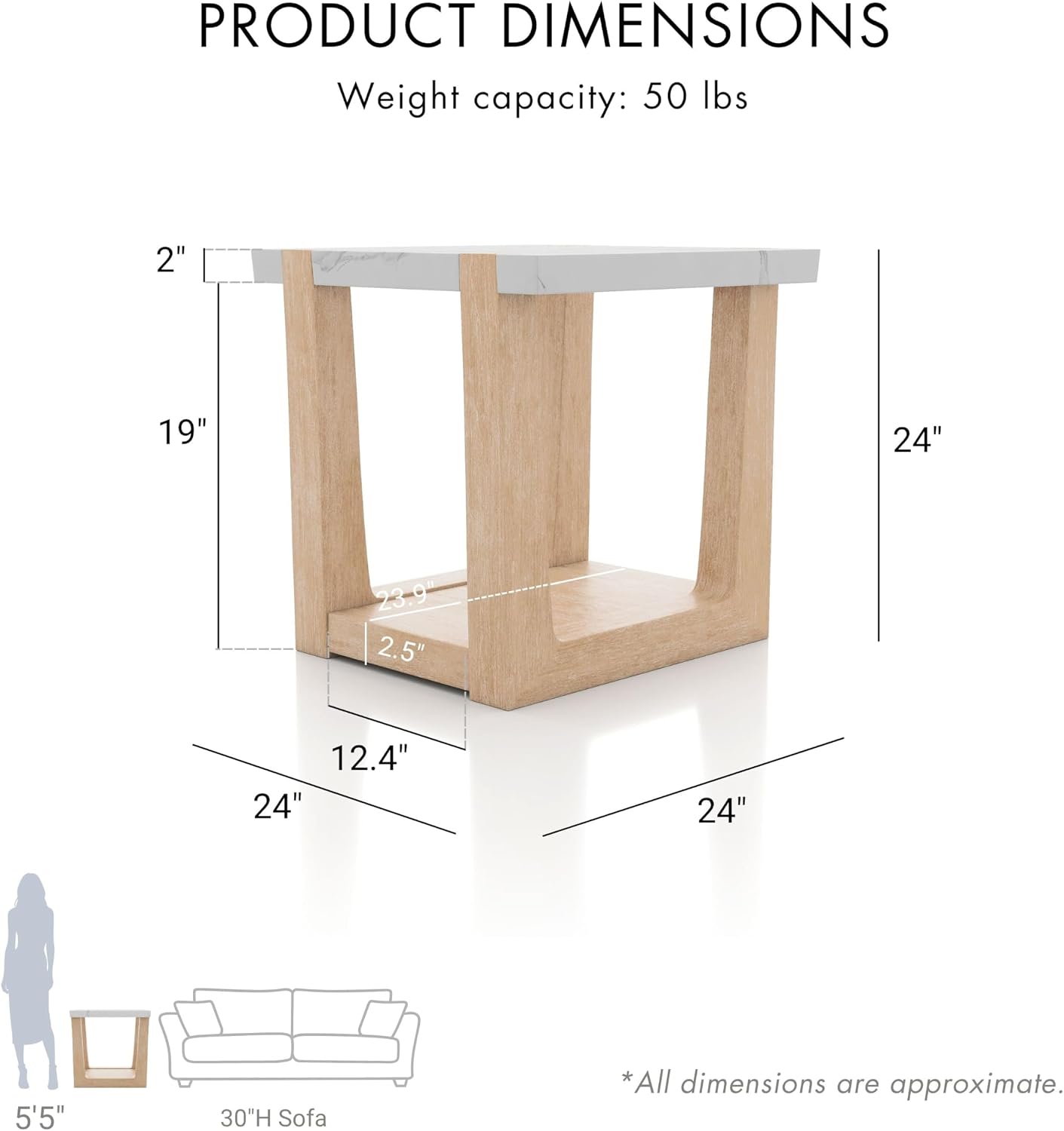 Furniture of America Coren Modern 24-inch Marble Top Square End Table with Shelf Base and U-Shaped Legs for Small Space, Living Room, Home Office, Natural and White
