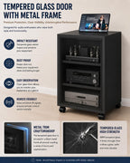Rolling Audio Rack with Glass Door, Heavy Duty Media Cabinet with Cable Management and dust Protection, Modern Living Room/Bedroom/Video Home Theater Cabinet (3-Tier)