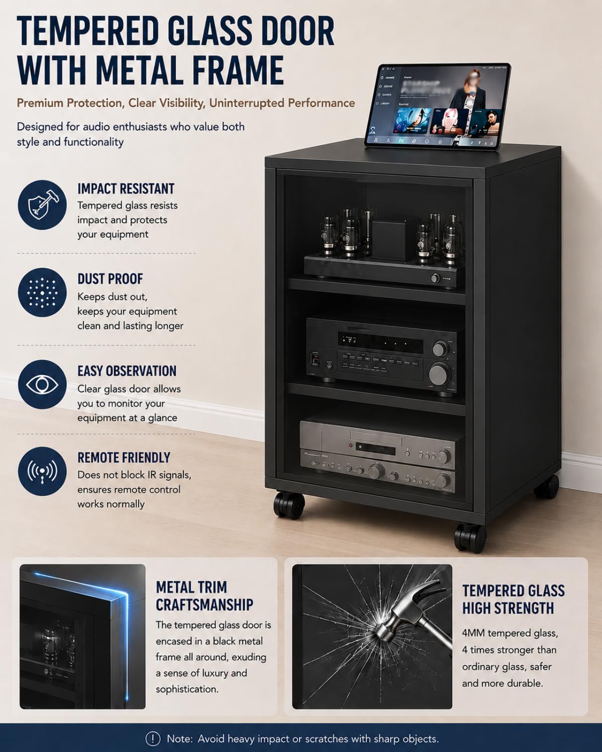 Rolling Audio Rack with Glass Door, Heavy Duty Media Cabinet with Cable Management and dust Protection, Modern Living Room/Bedroom/Video Home Theater Cabinet (3-Tier)