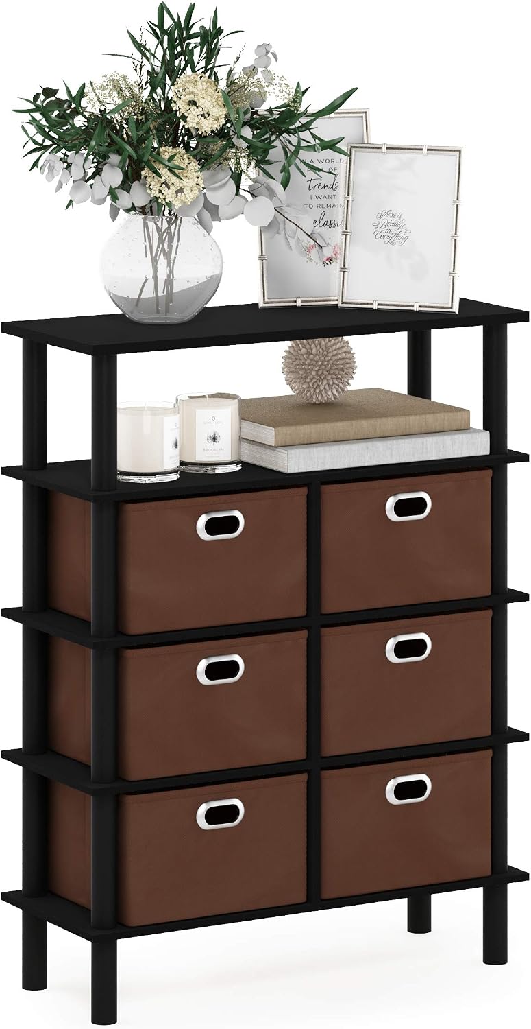 4-Tier Open Shelf Console Table, Side Table with Storage Drawer Bins, Toolless Assembly Open Back Sofa Table, Entryway Table, for Home Office, Living Room, Entryway, Black Oak