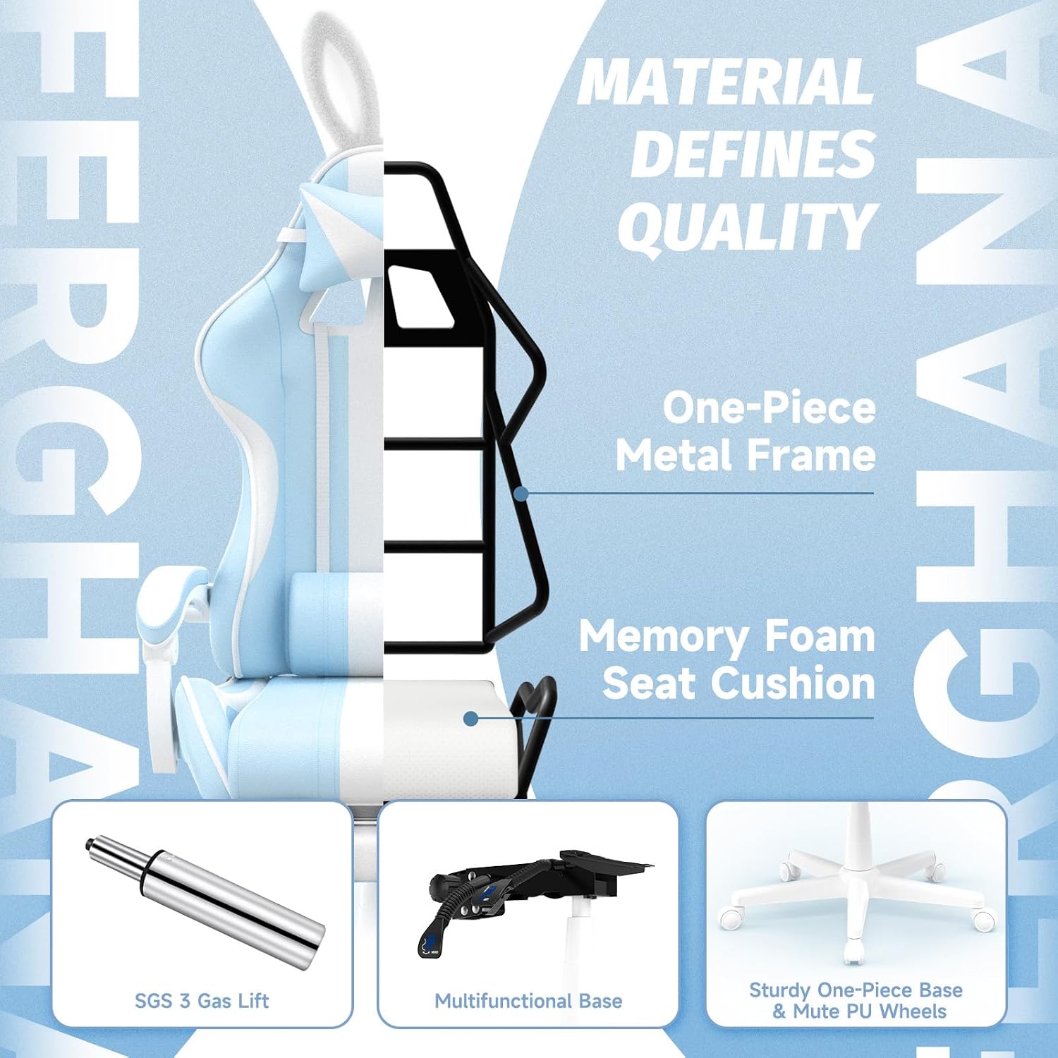 Ferghana Kawaii Bunny Ears Gaming Chair, Cute Gamer Chair with Footrest and Massage, Leather Ergonomic Computer Game Chairs for Girls Adults Teens Kids Light Blue