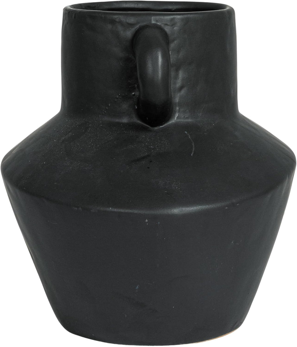 Bloomingville Round Stoneware Vase with Reactive Glaze Finish and Vertical Handles, Black