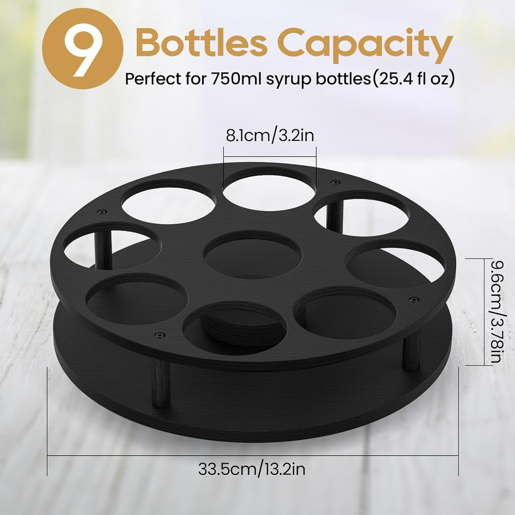 THYGIFTREE Rotating Coffee Syrup Organizer for Countertop, 9-Bottle Wooden Syrup Rack & Bottle Holder for Coffee Bar Station, Turntable Display Stand, Black