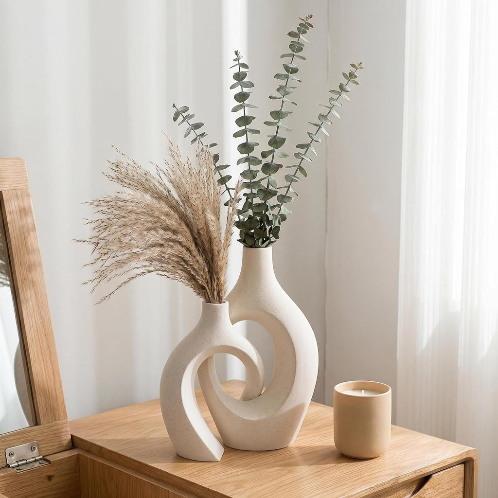Snuggle Hollow XL Cream White Ceramic Vase Set of 2 for Coffee Table Decor, Modern Minimalist Aesthetic Donut Floral Vases, for Home Living Room Entryway Table Shelves Decorative (W 6.8" X H 11")