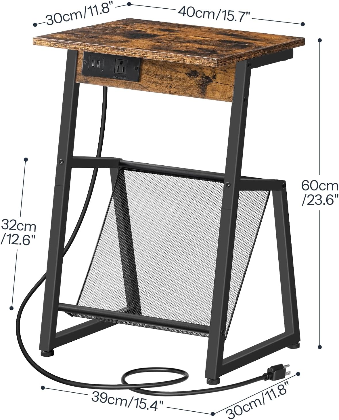 HOOBRO Side Table with Charging Station, Small End Table with Magazine Storage Rack, Industrial Nightstand for Small Spaces, Living Room, Bedroom, Dorm, Office, Rustic Brown and Black BF001UBZ01