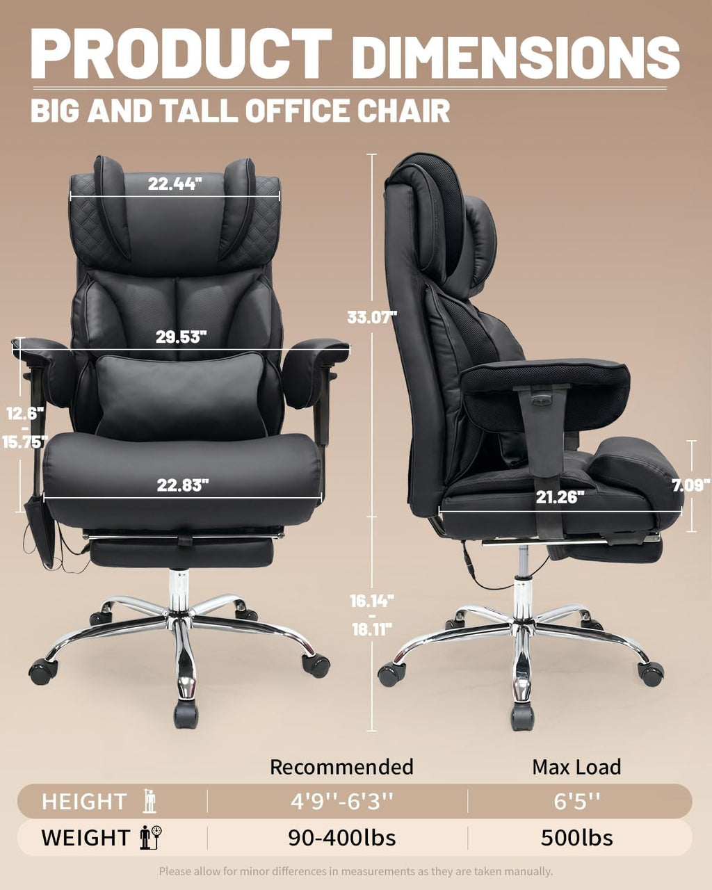 6 Points Massage Big and Tall Office Chair with Foot Rest, 500LBS Heavy Duty Desk Chair with Adjustable Lift Armrests, Ergonomic Computer Chair for Home Office, Gaming & Study，Black