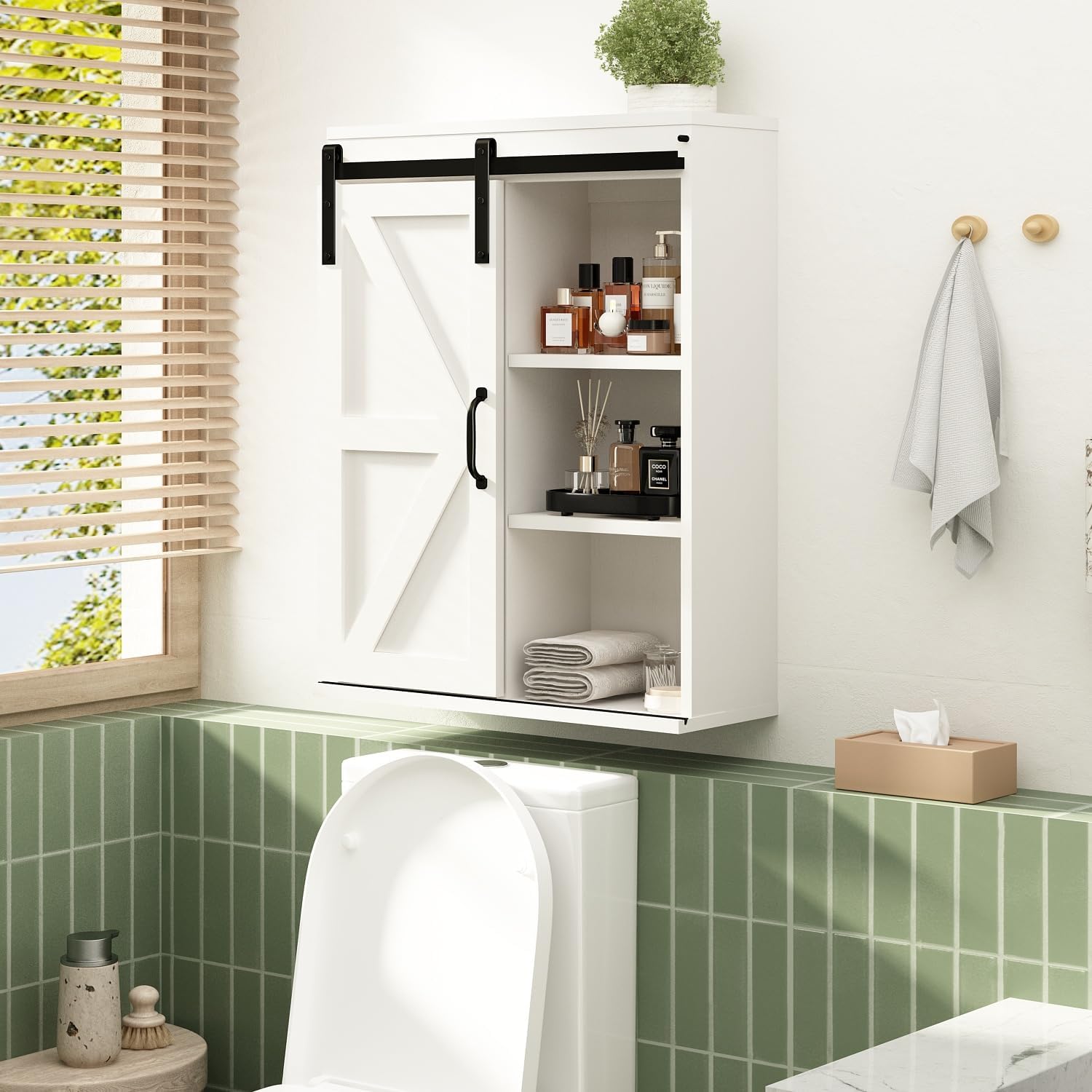 RUSTOWN Farmhouse Wood Wall Storage Bathroom Cabinet with Sliding Barn Door, Rustic Medicine Cabinet with Adjustable Shelf, 3-Tier Vintage Cabinet for Kitchen, Bathroom, Living Room (Vintage White)