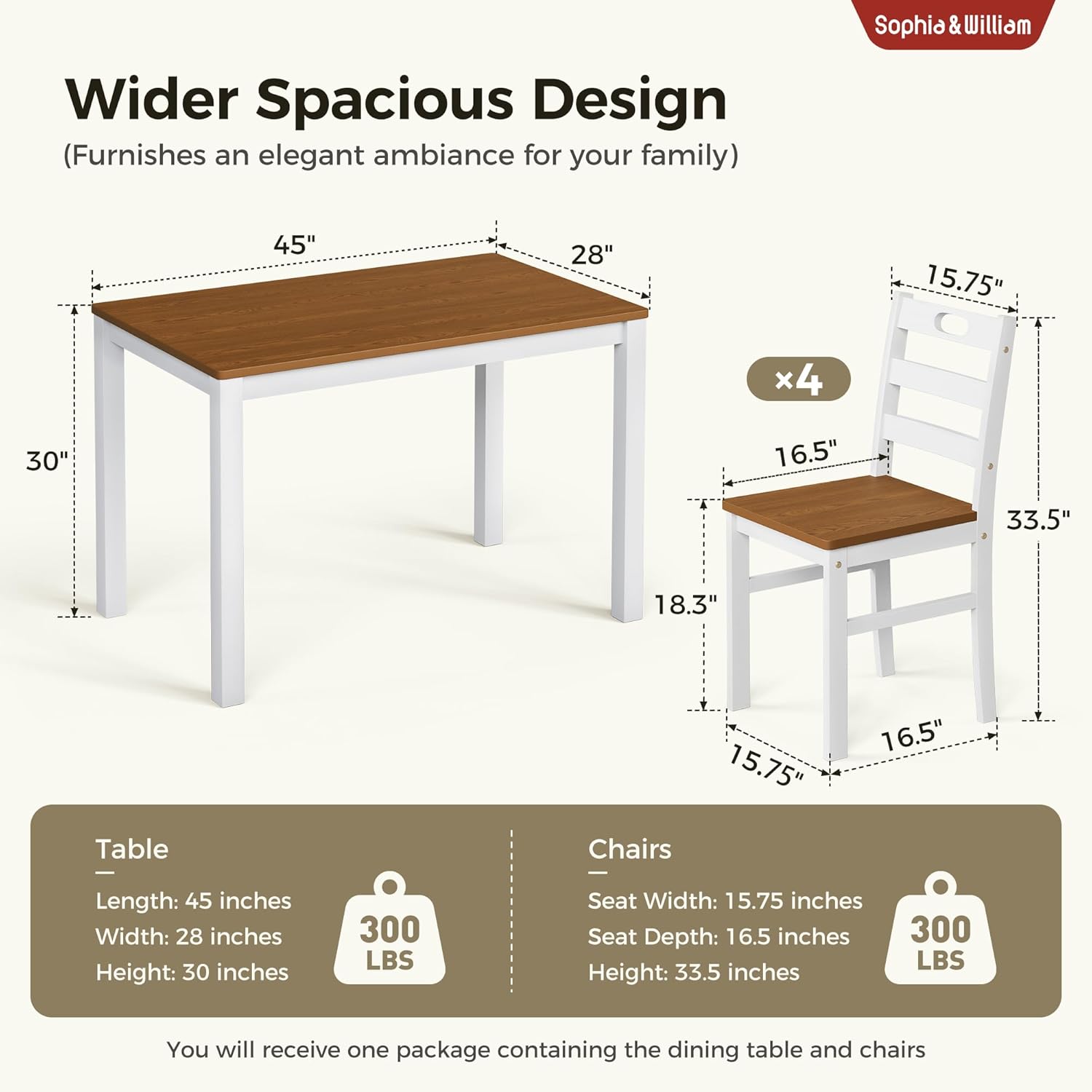 Sophia & William 5 Piece Dining Table Set for 4, Wood Kitchen Table and Chairs Set, 45" Rectangular Breakfast Dining Table and 4 Chairs, Farmhouse Kitchen Dining Room Set, Walnut & White
