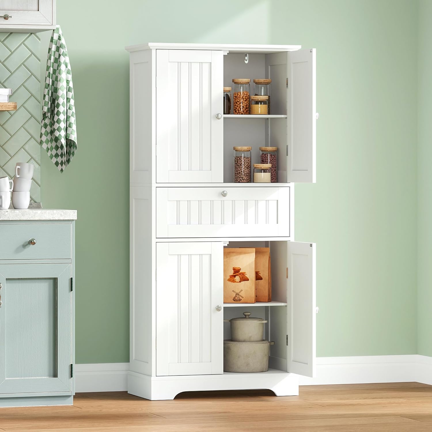 ChooChoo 51" H Tall Bathroom Floor Cabinet, Modern Bathroom Storage Cabinet with Drawer and Adjustable Shelves, Freestanding Kitchen Pantry Cupboard with 4 Doors for Living Room, White