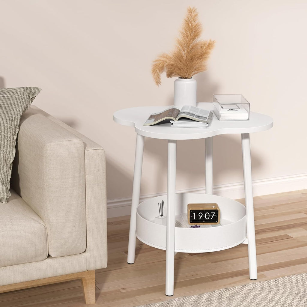 Small Coffee Table, 2 Tier Flower Shaped Desktop Accent Table, Modern Couch Bedside End Tables, Nightstand for Bedroom or Living Room, Small Spaces Display Side Tables White