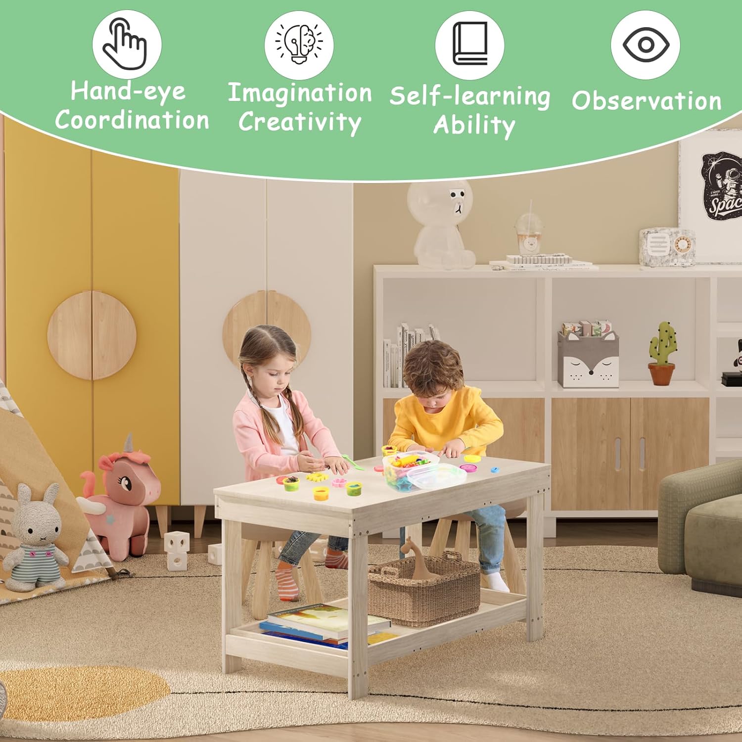 Kids Activity Table with Board and Storage Compatible with Lego, Wooden Play Table for Drawing, Building Blocks, Reading, Boys Girls Gifts