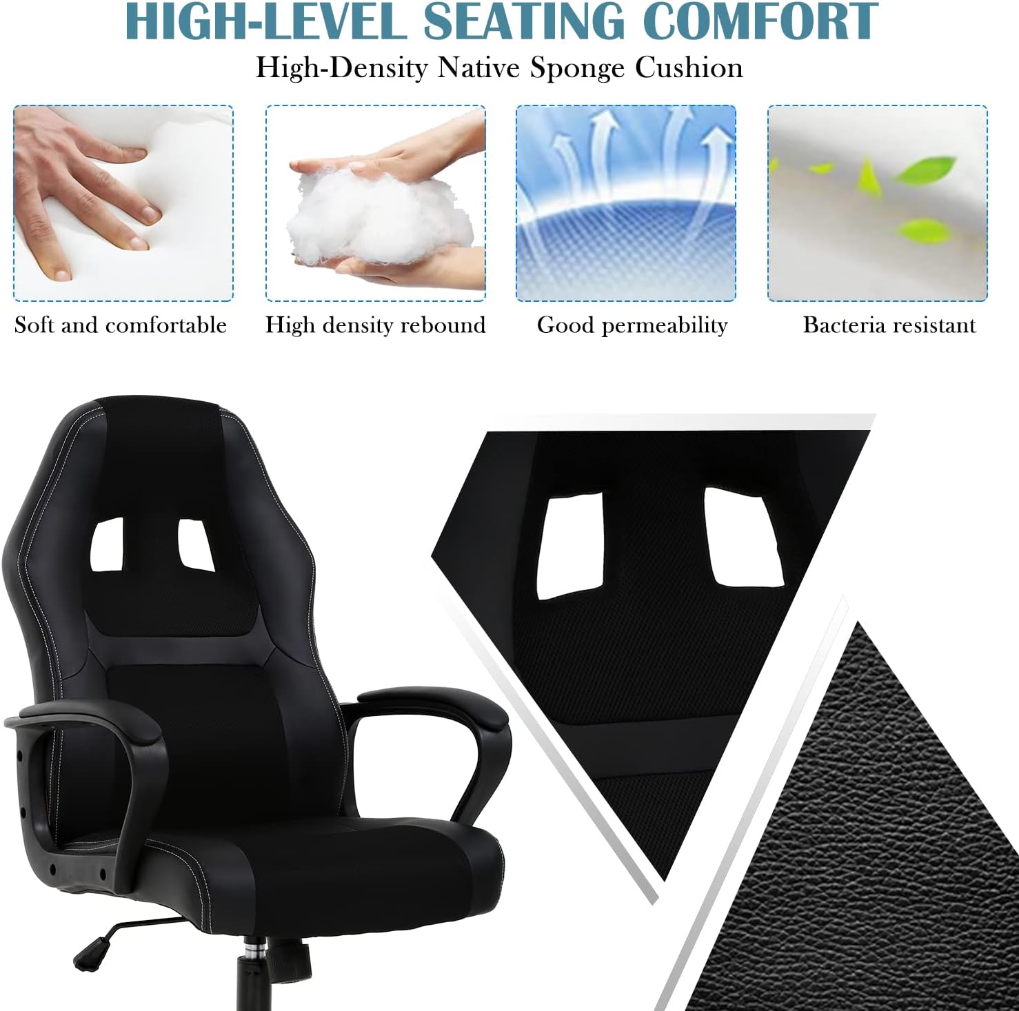 Ergonomic Office Chair Cheap Desk Chair, Mesh PC Gaming Chair with Lumbar Support, Adjustable High Back PU Leather Computer Chair Racing Task Swivel Executive Video Game Chairs for Home