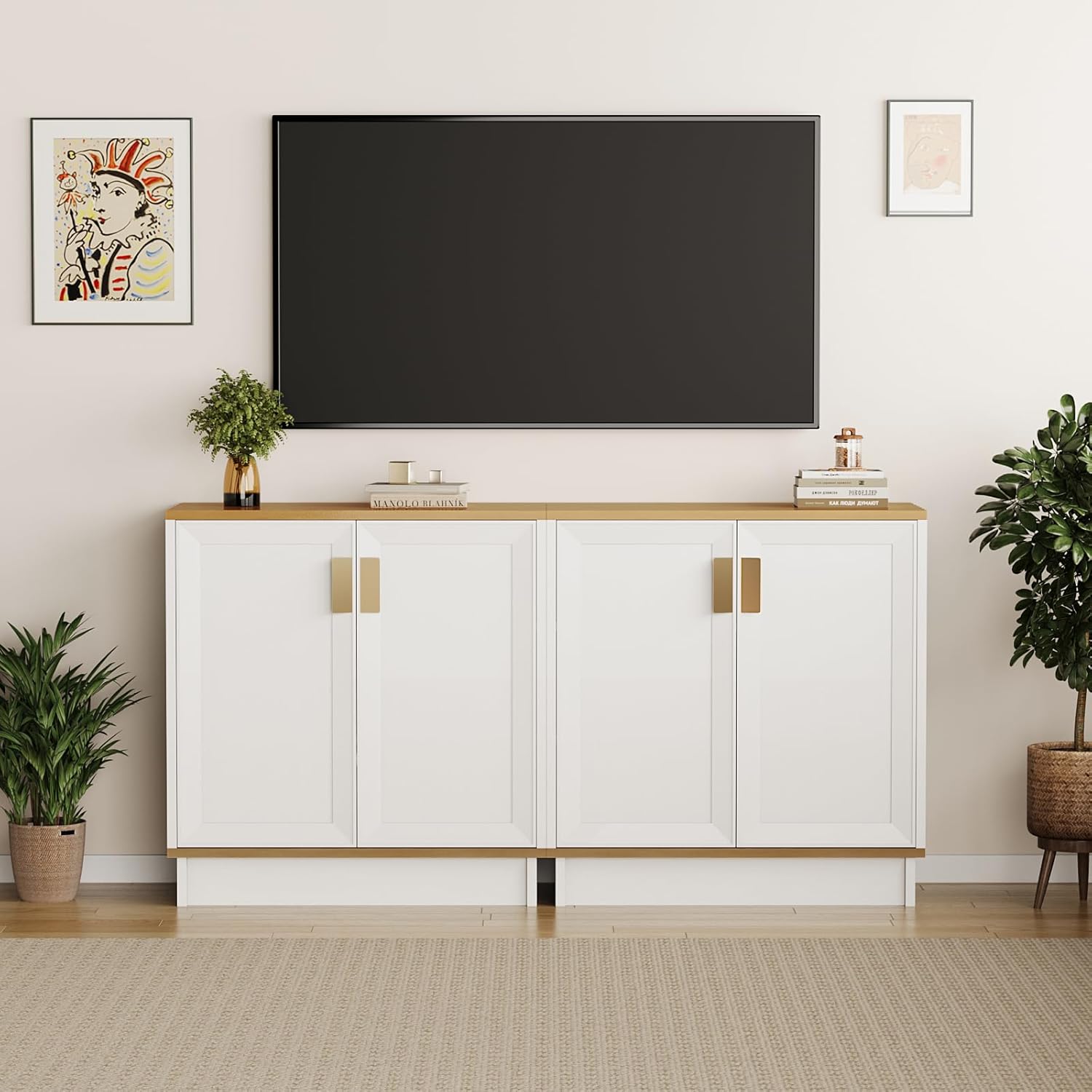 PROXRACER 32" Sideboard Buffet Cabinet with Storage, Adjustable Shelves & Shaker Doors, Rustic Storage Cabinet with Gold Handles for Kitchen, Dining Room, White