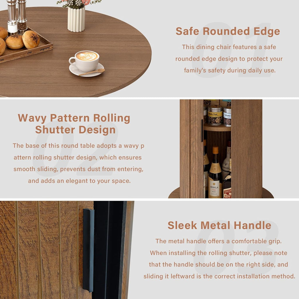 Round Dining Table with Storage,31.5" Modern Storage Kitchen Table for 2-4 People with Curved Sliding Door Fluted Wood Thickened Tabletop for Dining Room/Kitchen/Living Room,Brown
