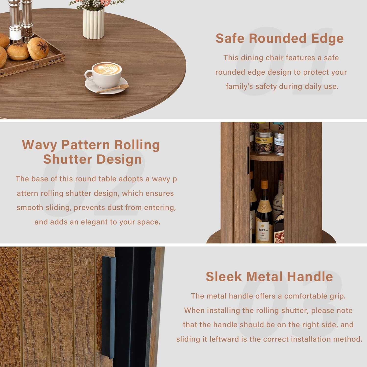 Round Dining Table with Storage,31.5" Modern Storage Kitchen Table for 2-4 People with Curved Sliding Door Fluted Wood Thickened Tabletop for Dining Room/Kitchen/Living Room,Brown