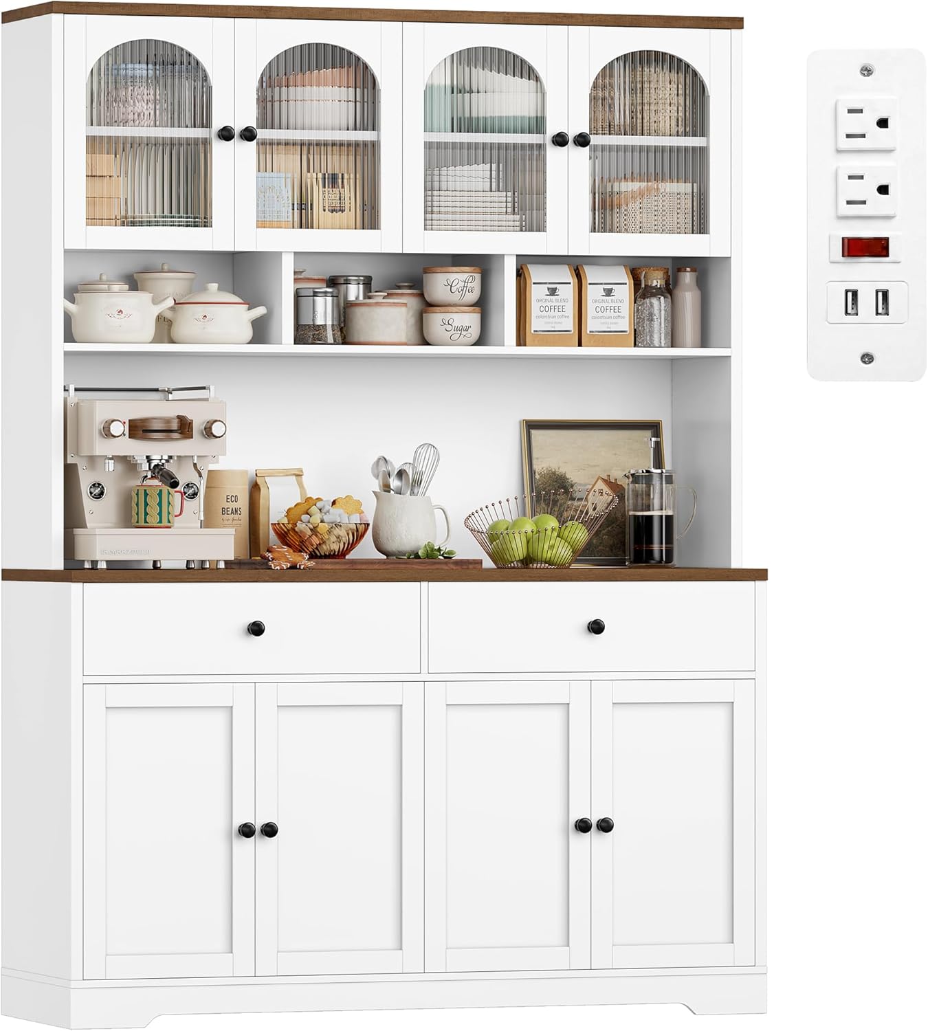 FINETONES 71" Pantry Cabinet, Tall Kitchen Pantry Storage Cabinet with Charging Station, 47.2" Wide Kitchen Hutch Food Storage Cabinets with Open Countertop for Dining Room, White