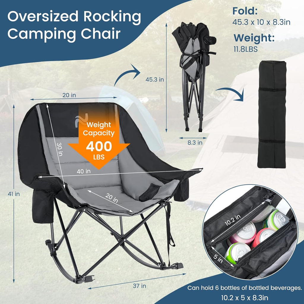 LILYPELLE Oversized Rocking Camping Chair for Adults, Fully Padded Folding Outdoor Lawn Chair with Cooler Bag and Side Pocket, Portable Recliner Rocker Chair for Camp, Patio, Backyard