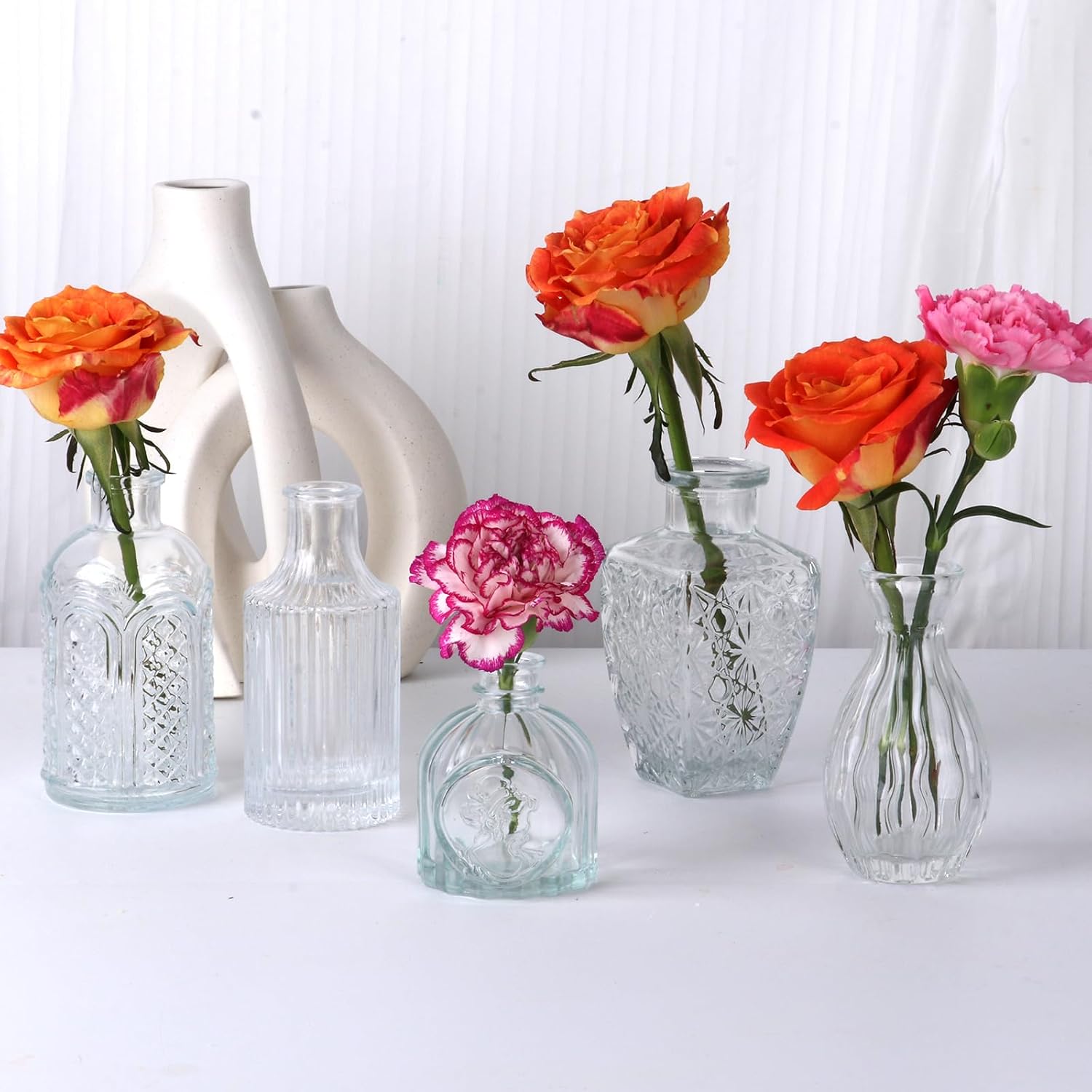 Small Bud Vases, Vintage Clear Glass Bud Vases in Bulk with Unique Embossed Patterns for Wedding Centerpieces, Table Decor, Rustic Party Reception Decorations (Clear)