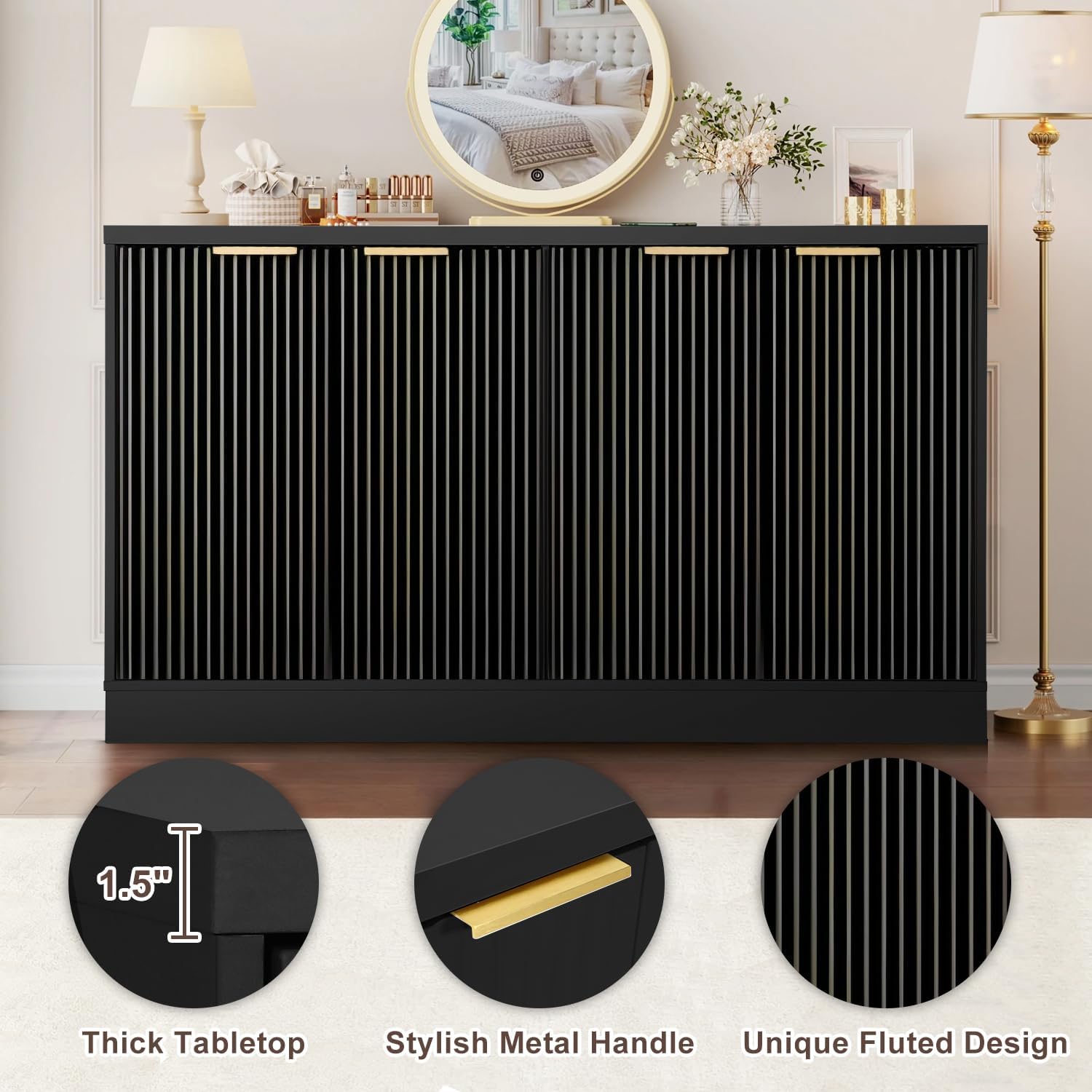 55" Fluted Buffet Sideboard Cabinet, Modern Accent Credenza Table | Adjustable Shelves, CARB P2 Certified Wood Console Cabinet for Kitchen, Dining Room, Living Room, Entryway
