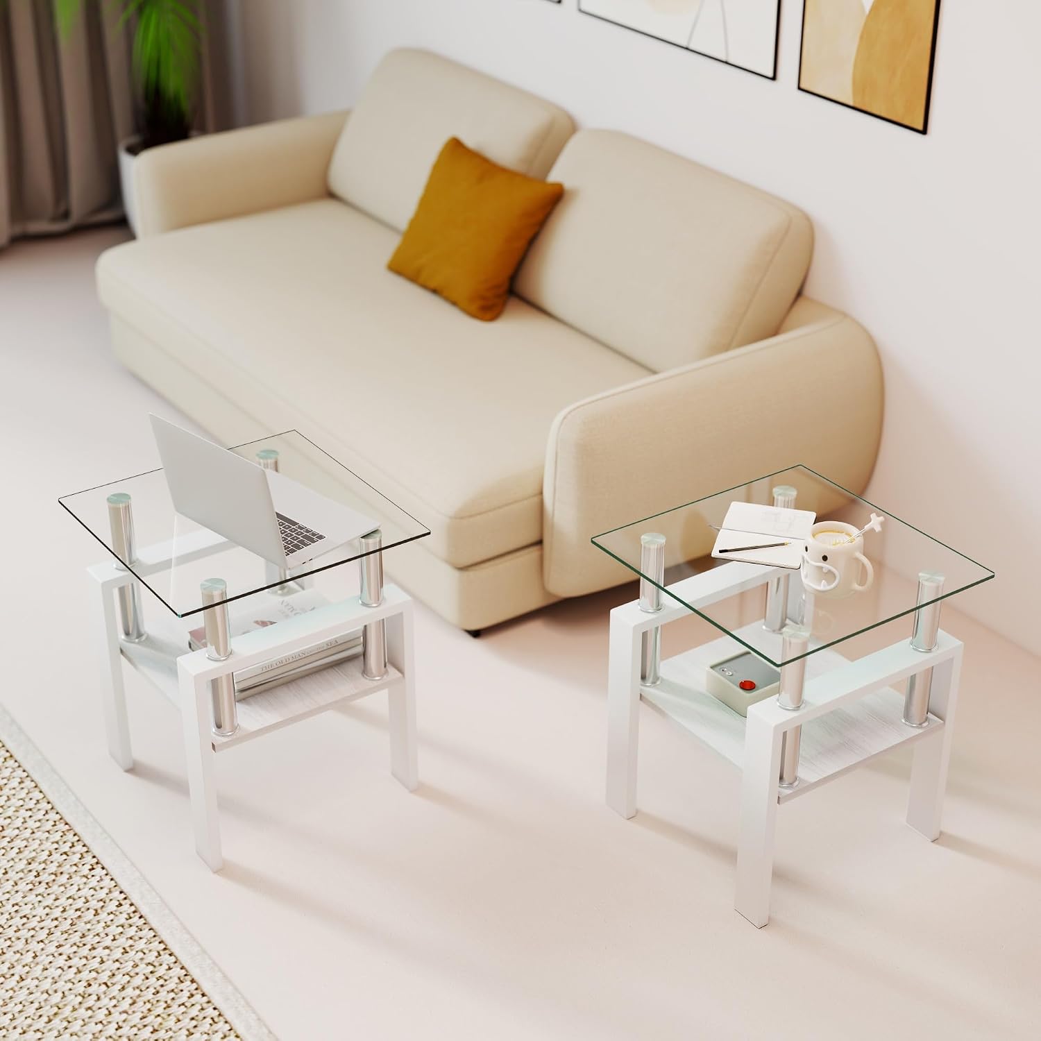 2-piece Set Modern Tempered Glass Side Table, Small Glass Top End Table, Square Table with Metal Frame, Suitable for Living Room and Bedroom