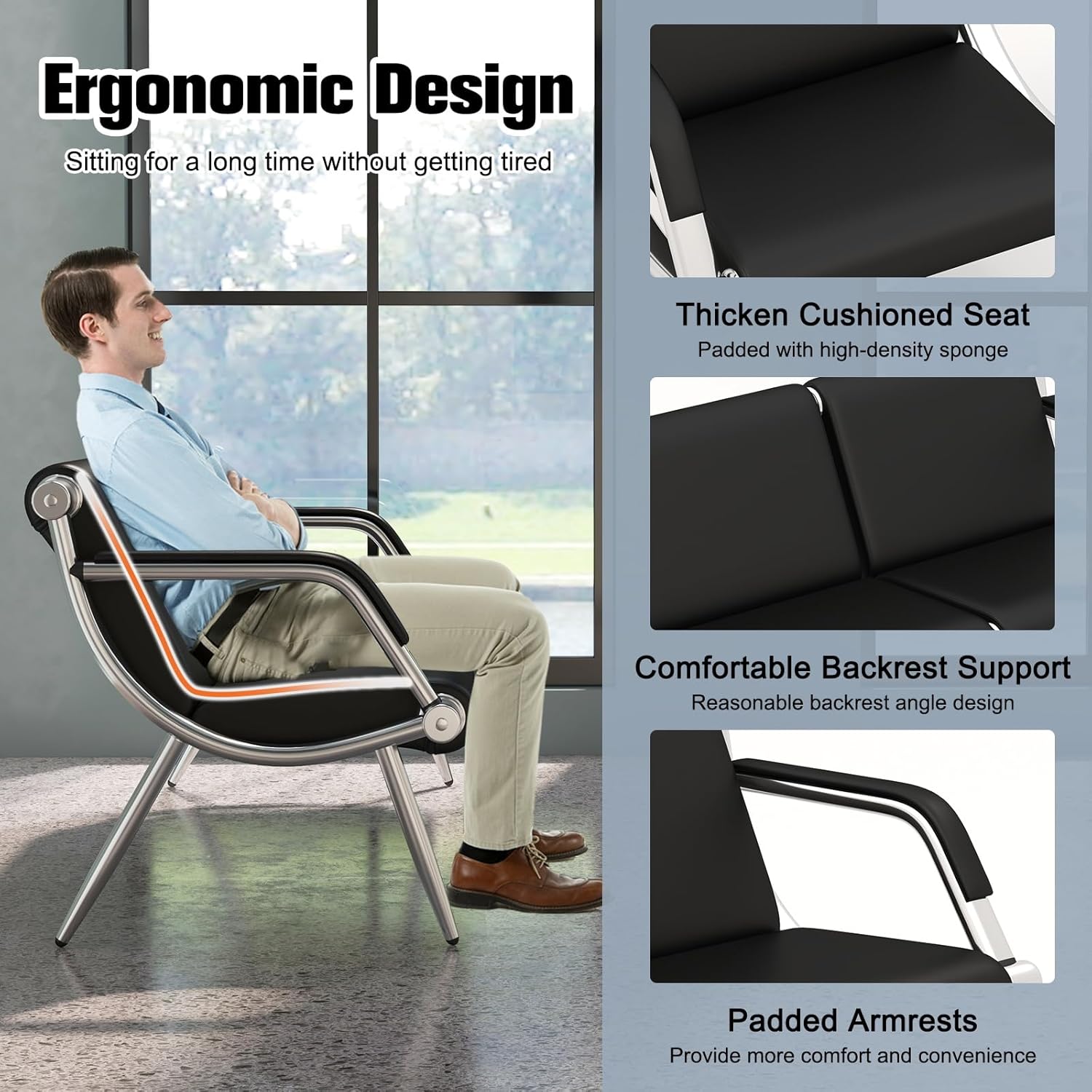 kinbor Waiting Room Chairs - 3 Seat Reception Bench Office Chair with Armrest, PU Leather Office Guest Seating Furniture for Salon Airport Hospital Bank, Black