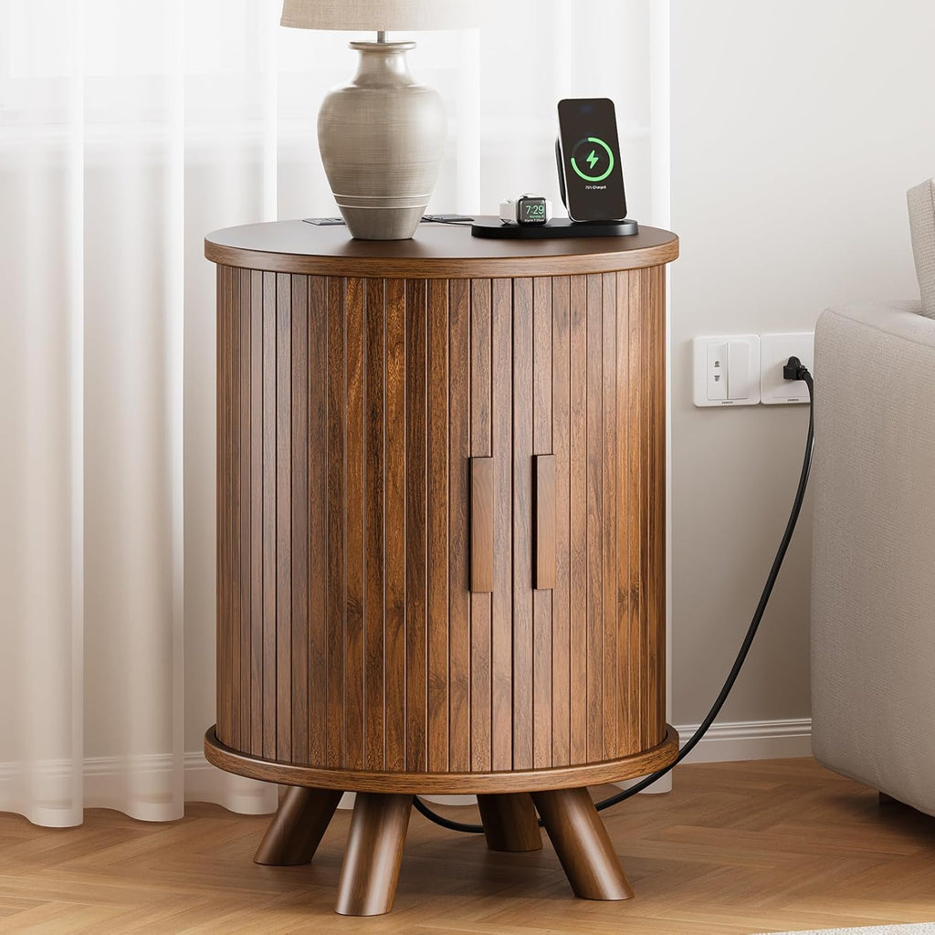 Round End Table with Storage - Fluted Side Table with Charging Station, Wood Nightstand with Sliding Tambour Door for Bedroom, Accent End Tables Living Room, Modern Bedside Table, Walnut