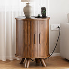 Round End Table with Storage - Fluted Side Table with Charging Station, Wood Nightstand with Sliding Tambour Door for Bedroom, Accent End Tables Living Room, Modern Bedside Table, Walnut