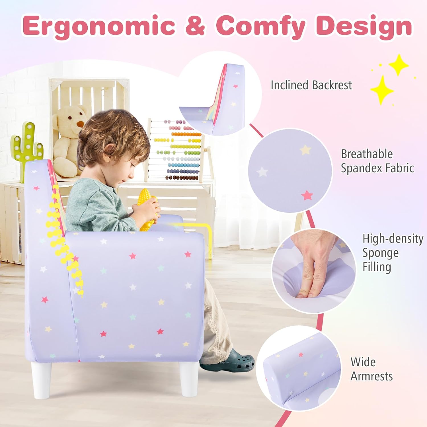 Costzon Kids Sofa, Children's Cartoon Sofa Armrest Chair, Toddler Furniture w/Sturdy Wood Construction, Colorful Lightweight Kids Couch Reading Sofa Chair for Preschool Boys and Girls Gift (Purple)