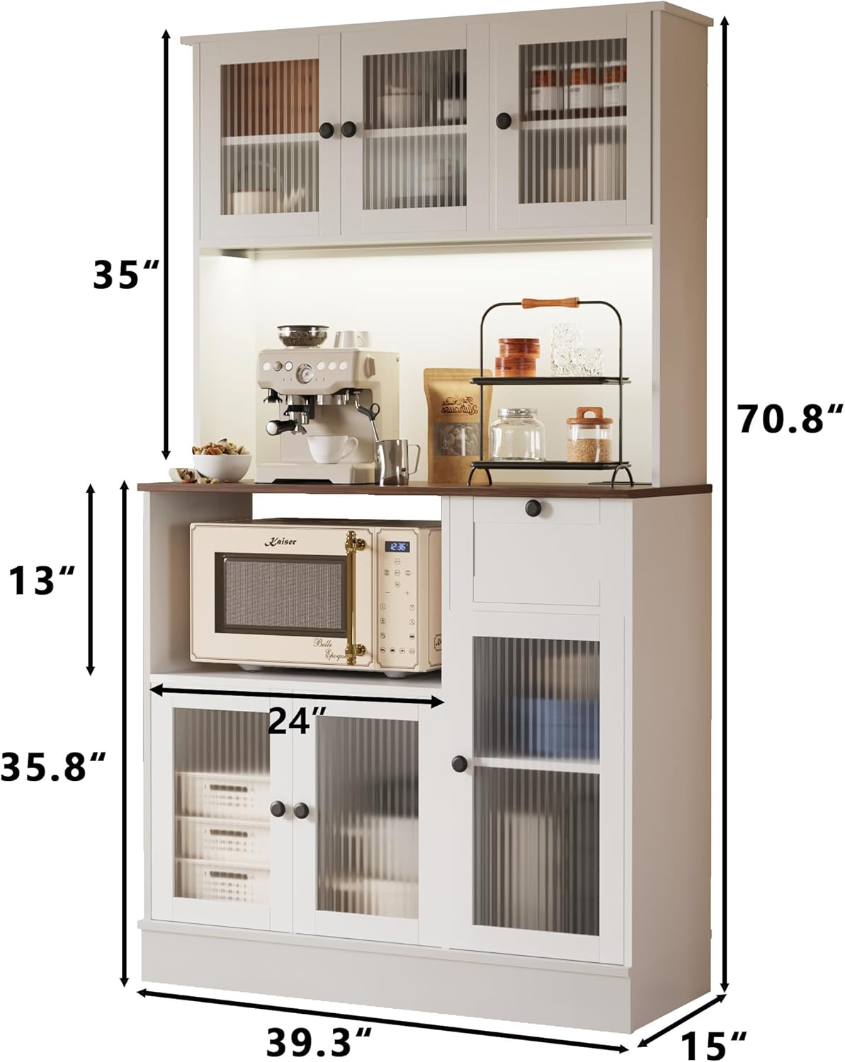 71" Kitchen Hutch Cabinet, White and Walnut Tabletop | for Living & Dining Room, Kitchen Pantry Cabinet with LED Light & Outlet, White Cabinet with Walnut Tabletop
