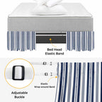 Navy Blue Striped Bed Skirt Cal King Size 16 Inch Drop, Adjustable Elastic Bedskirt Dust Ruffle for Cal King Bed, Summer Botanical Farmhouse Stripes Wrap Around Bed Skirts Pleated Bed Frame Cover