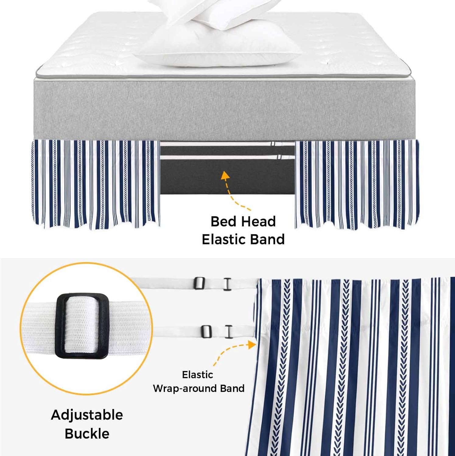 Navy Blue Striped Bed Skirt Cal King Size 16 Inch Drop, Adjustable Elastic Bedskirt Dust Ruffle for Cal King Bed, Summer Botanical Farmhouse Stripes Wrap Around Bed Skirts Pleated Bed Frame Cover