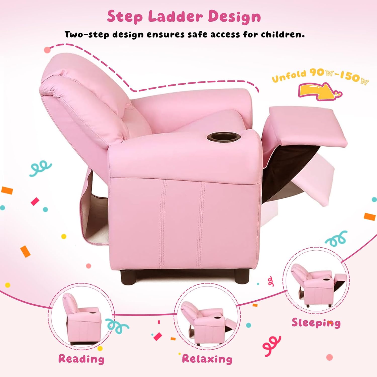 Kids Recliner with Cup Holder, PU Leather Toddler Recliner for Kids Age 1-4 w/Backrest & Footrest, Children’s Lounge Chair for Boys & Girls, Small Recliner for Bedroom Playroom Living Room (Pink)