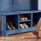 Hall Tree with Bench and Shoe Storage, 6-in-1 Freestanding Entryway Coat Rack with Adjustable Shelf, Multiple Hanging Hooks and 2-Tier Top Storage, Sturdy Wooden Entryway Organizer, Blue