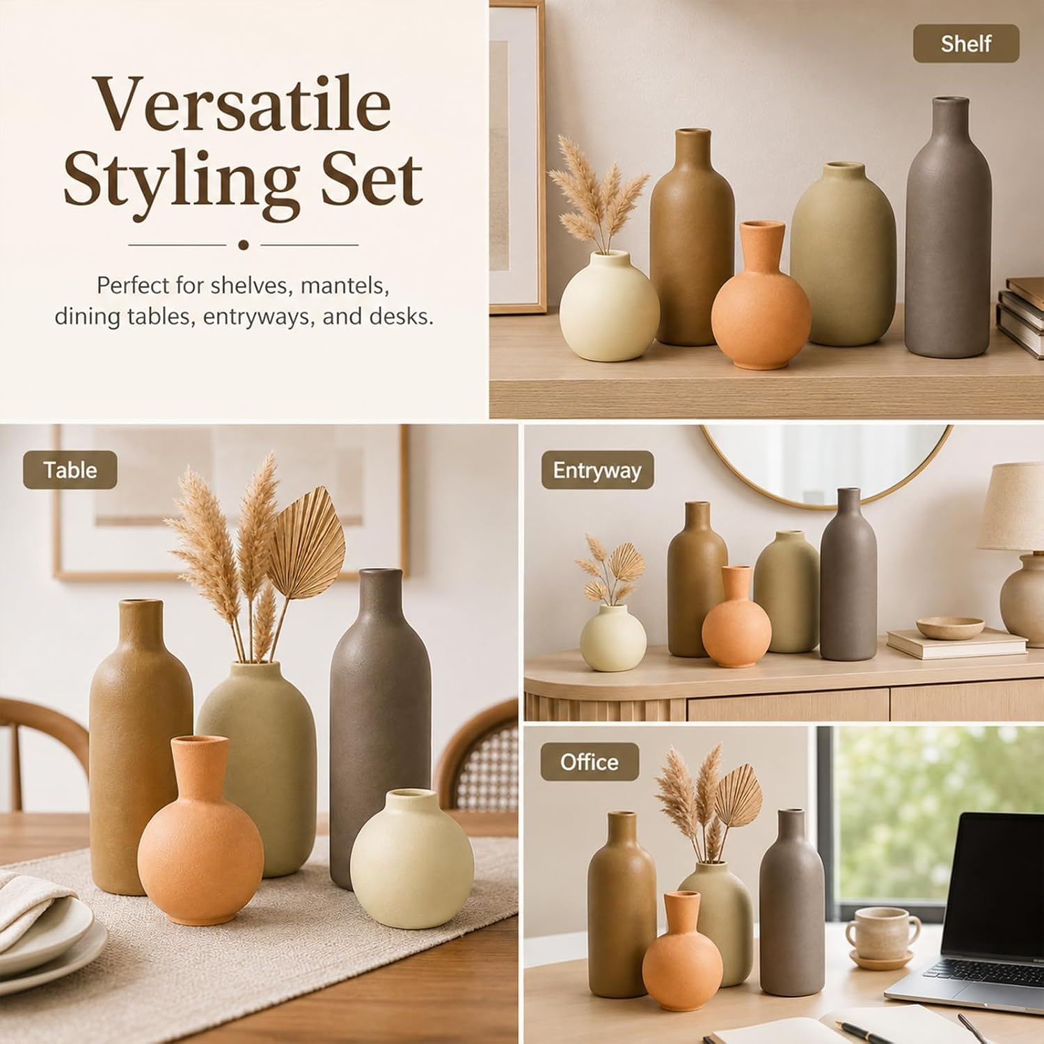 Neutral Ceramic Vase Set – 5 Matte Earth-Tone Vases for Japandi, Scandinavian, or Minimalist Home Decor, Table, Entryway, Shelf & Mantel Styling