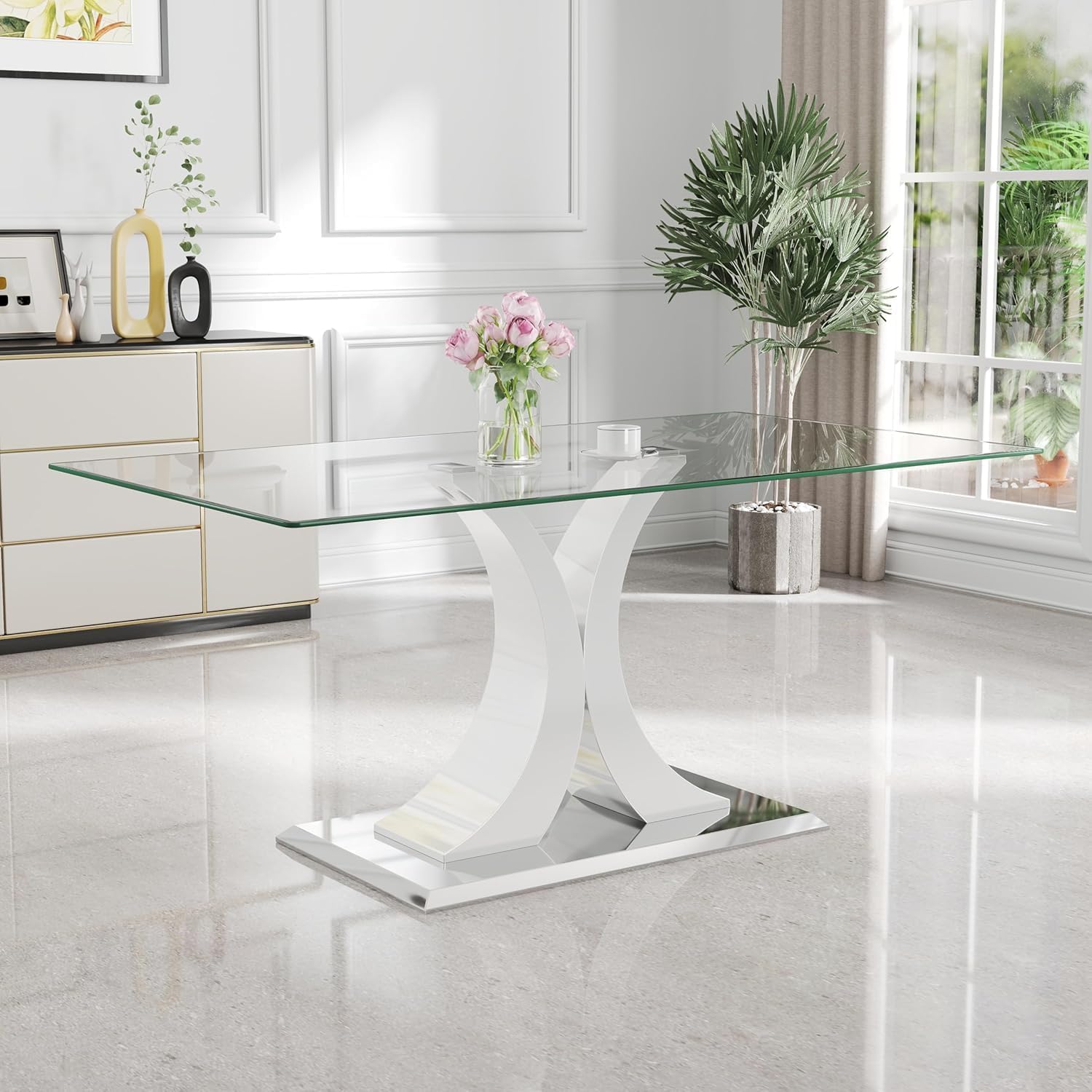 Modern Luxury Glass Dining Table for 4-6, 63'' Clear Minimalist Glass Top Kitchen Table, Large Apartment Rectangle Dinette Table with White MDF & Silver Stainless Steel Base (Easy Assembly)